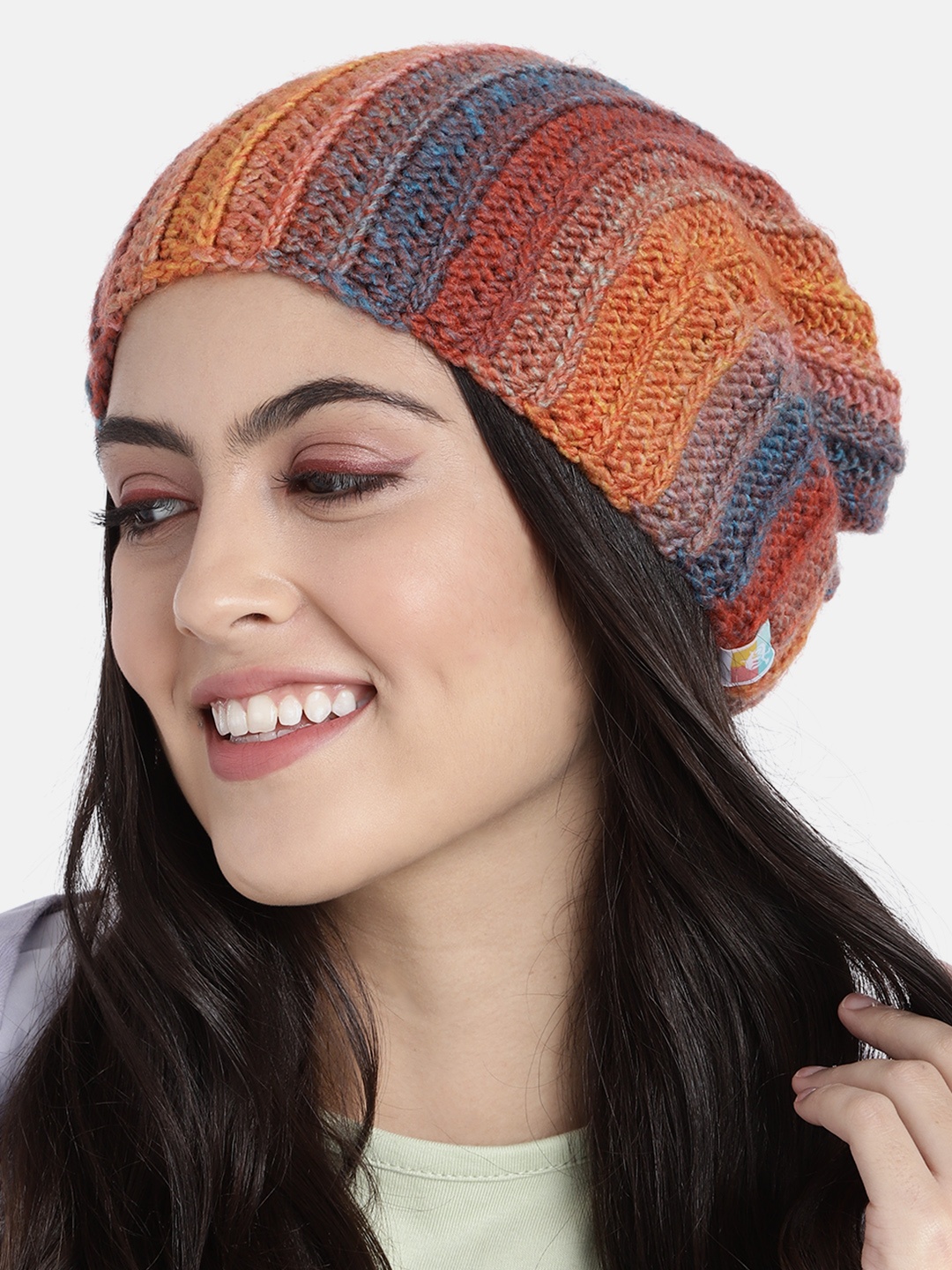 

Magic Needles Women Maroon & Navy Blue Self Design Handmade Beanie