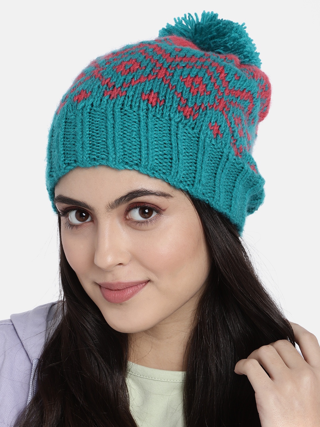 

Magic Needles Women Sea Green & Coral Red Self Design Handmade Beanie