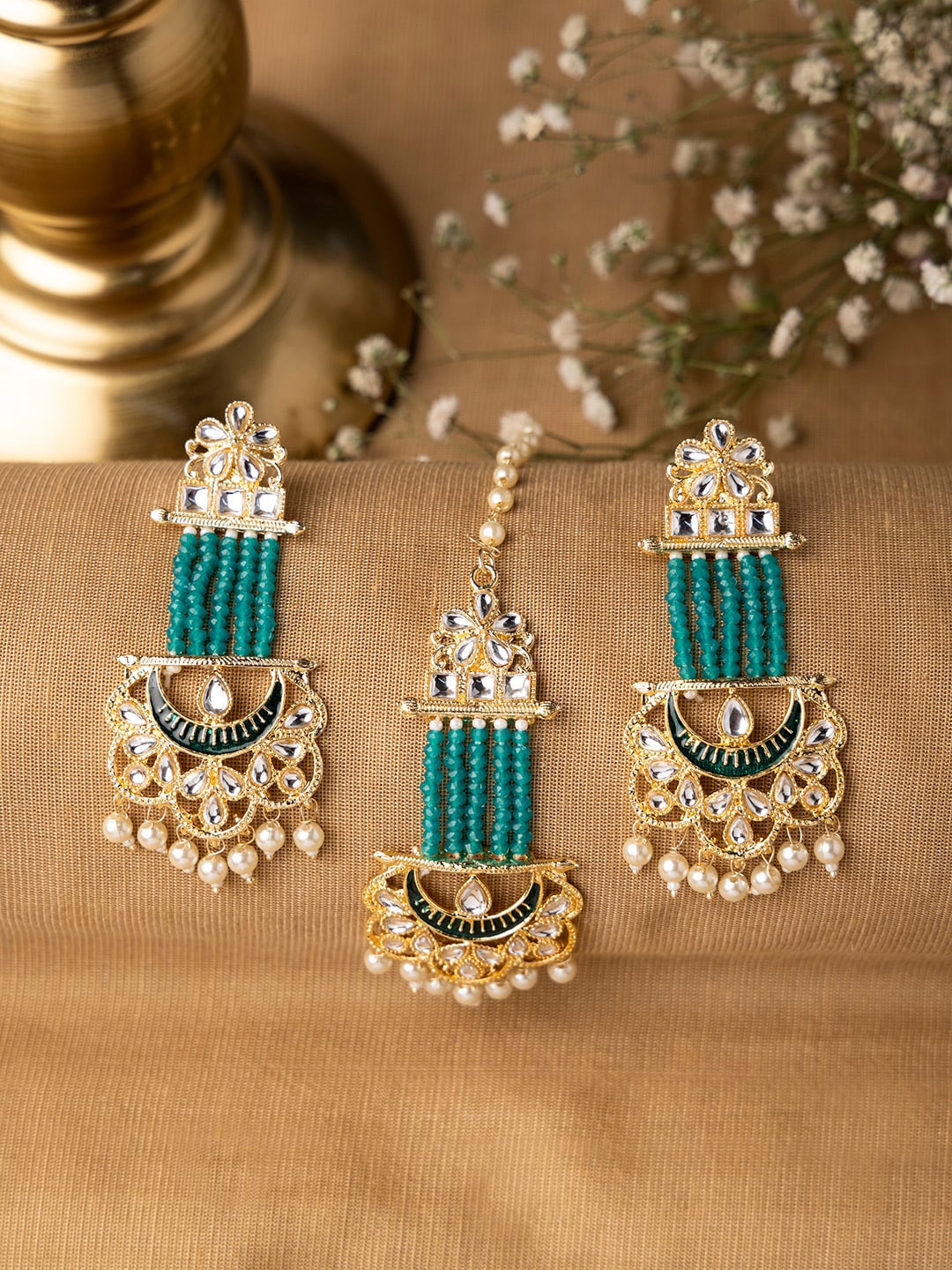 

INDYA Green Gold-Plated Pearls & Beaded Maangtika & Earring Jewellery Set