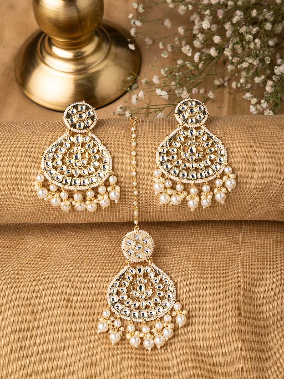 

INDYA White Gold-Plated Pearls & Beaded Maangtika & Earring Jewellery Set