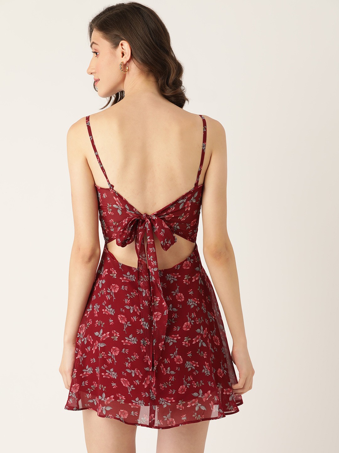 

ROVING MODE Women Maroon & Green Floral Georgette A-Line Dress