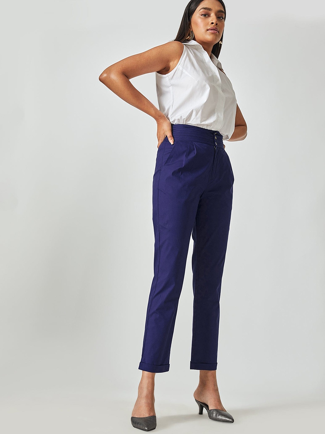 

The Label Life Women Blue Tapered Fit High-Rise Chinos Trousers