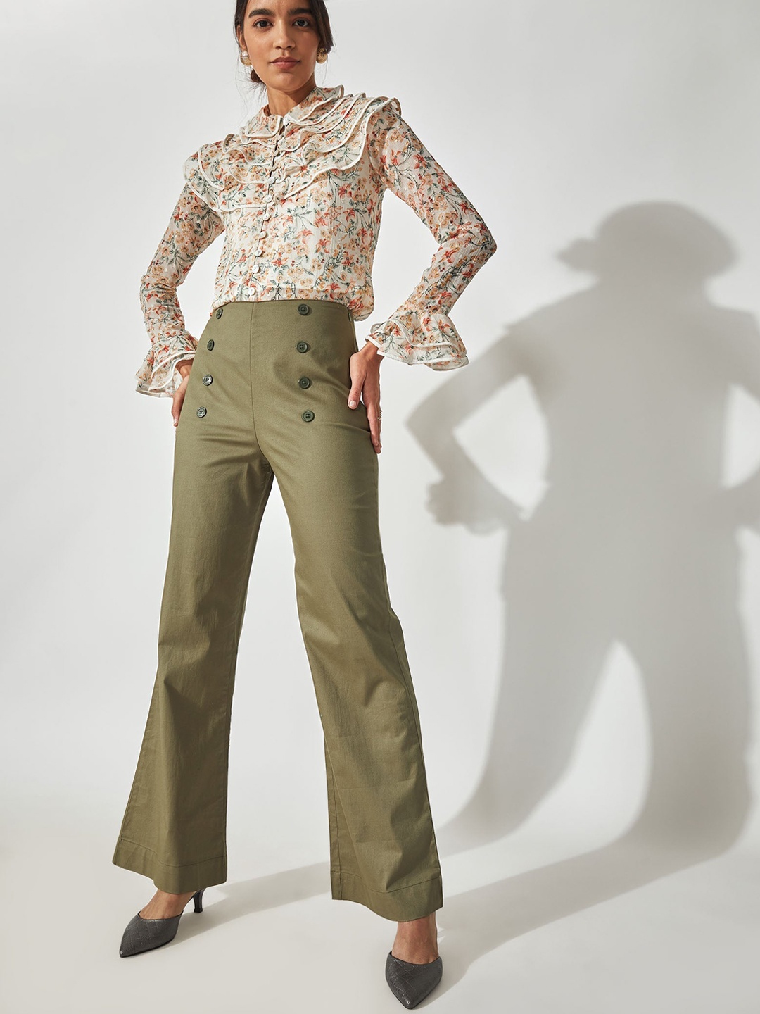 

The Label Life Women Green Flared High-Rise Trousers