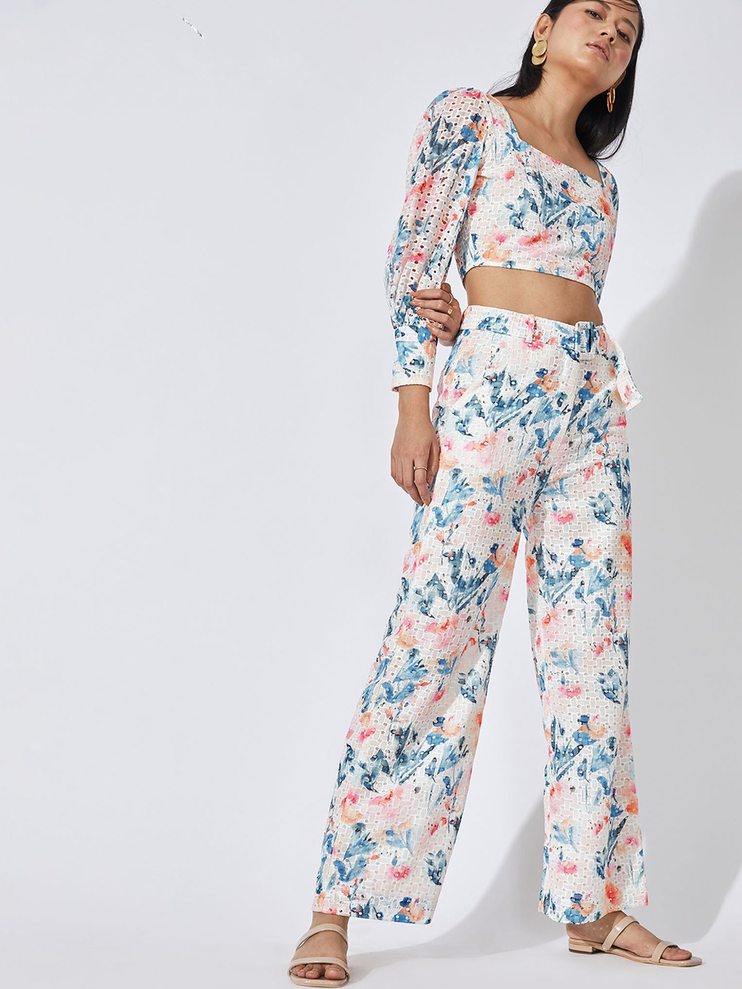 

The Label Life Women White Floral Printed Straight Fit Schiffli Belted Trousers