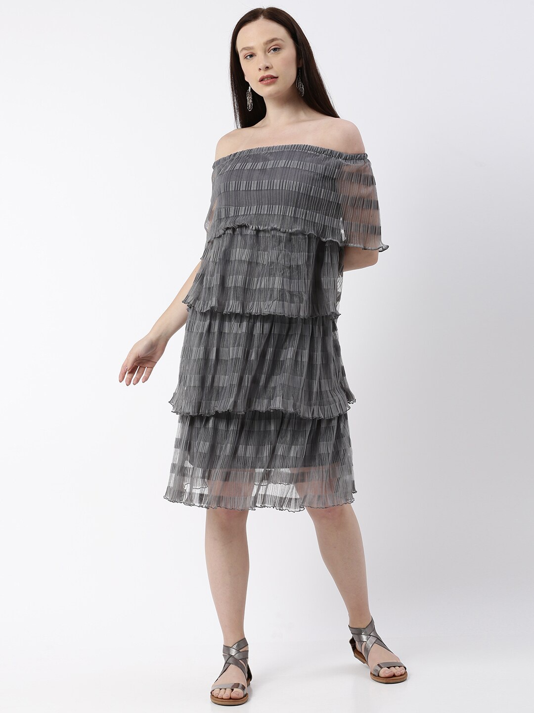 

kriatma Grey Off-Shoulder Layered Net Dress