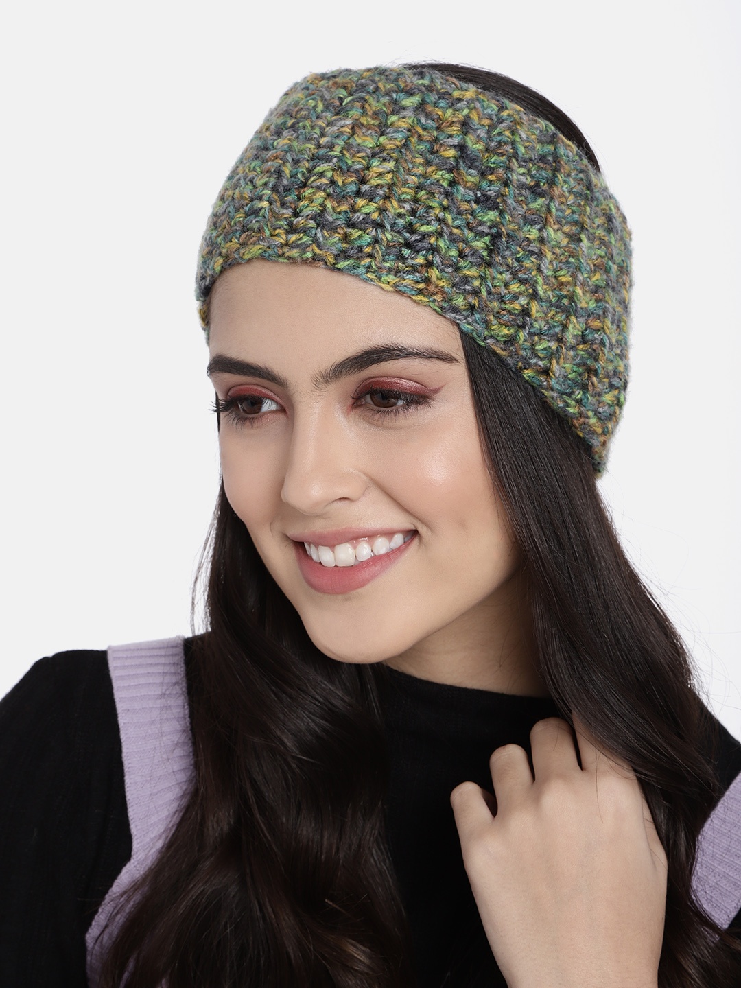 

Magic Needles Women Green & Grey Handmade Double Cable Bandana Headband