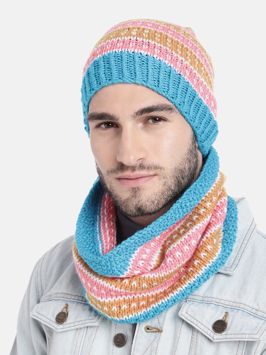 

Magic Needles Men Blue & Pink Beanie with Neck Warmer