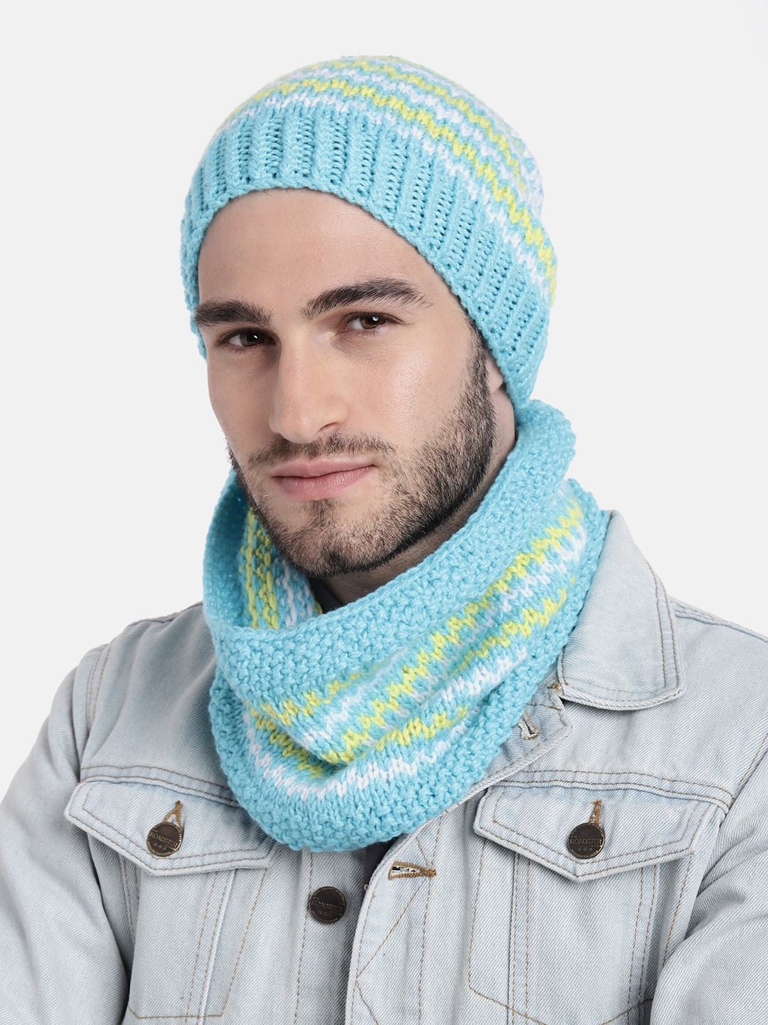 

Magic Needles Men Blue & Yellow Handmade Beanie with Neck Warmer