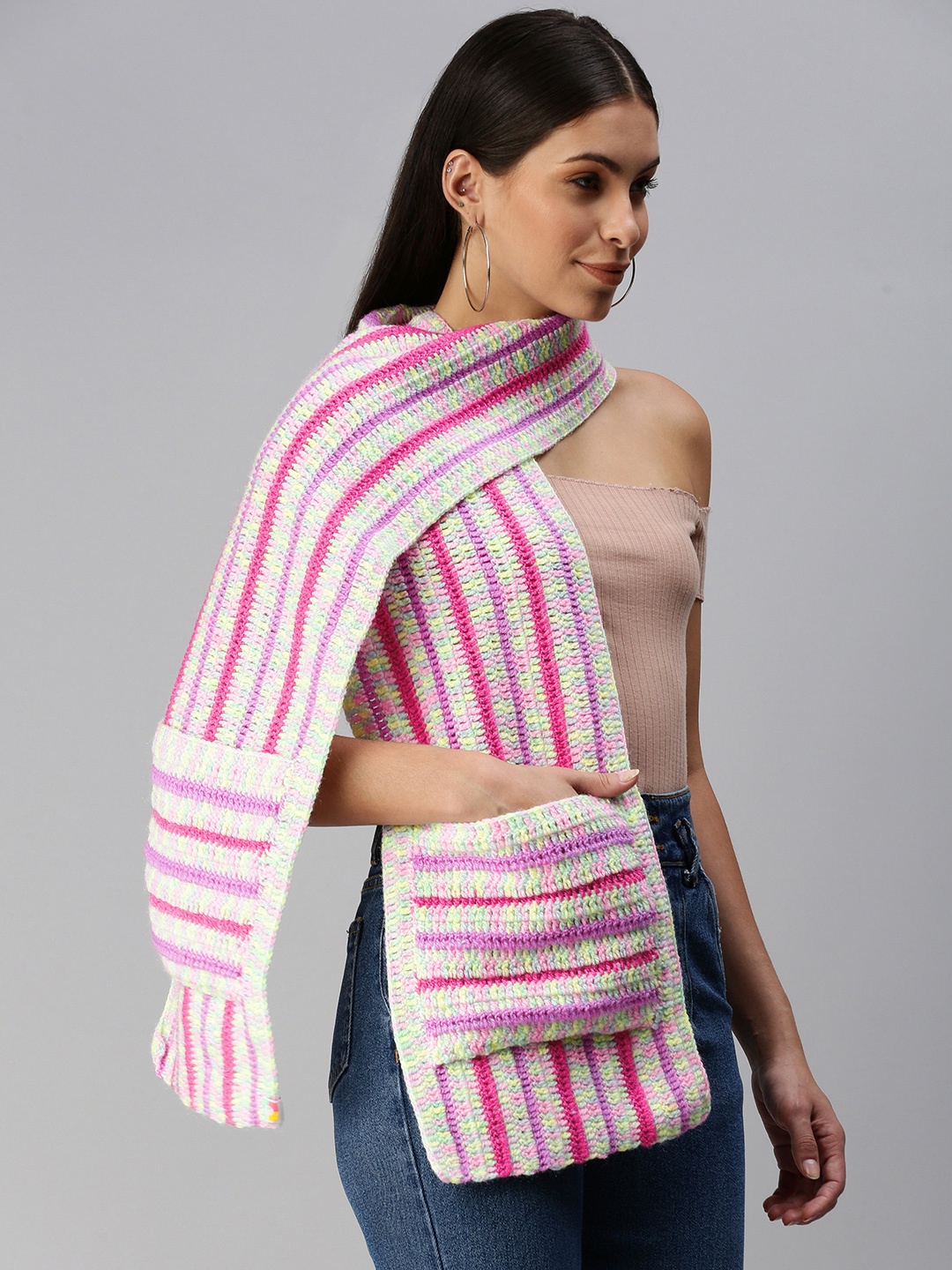 

Magic Needles Women White & Pink Striped Handmade Muffler