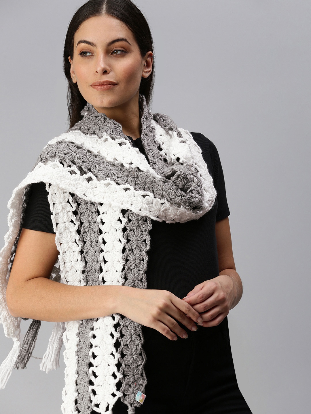 

Magic Needles Women White & Grey Striped Handmade Muffler