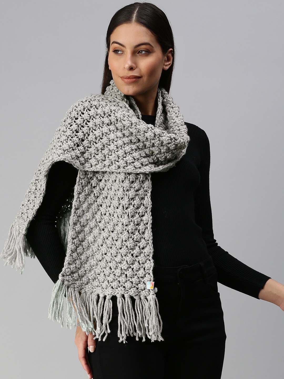 

Magic Needles Women Grey Solid Handmade Muffler