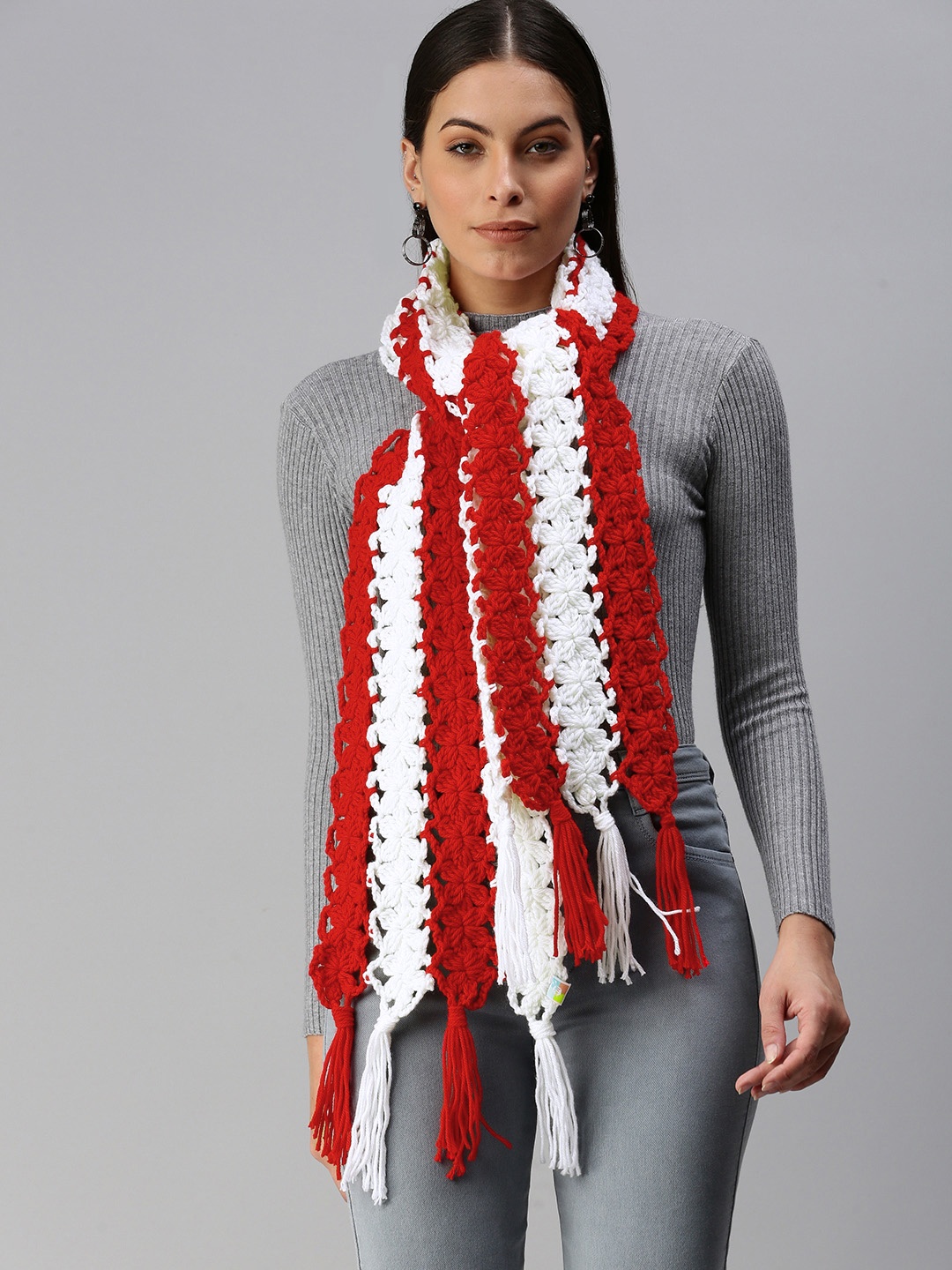 

Magic Needles Women White & Red Striped Handmade Muffler