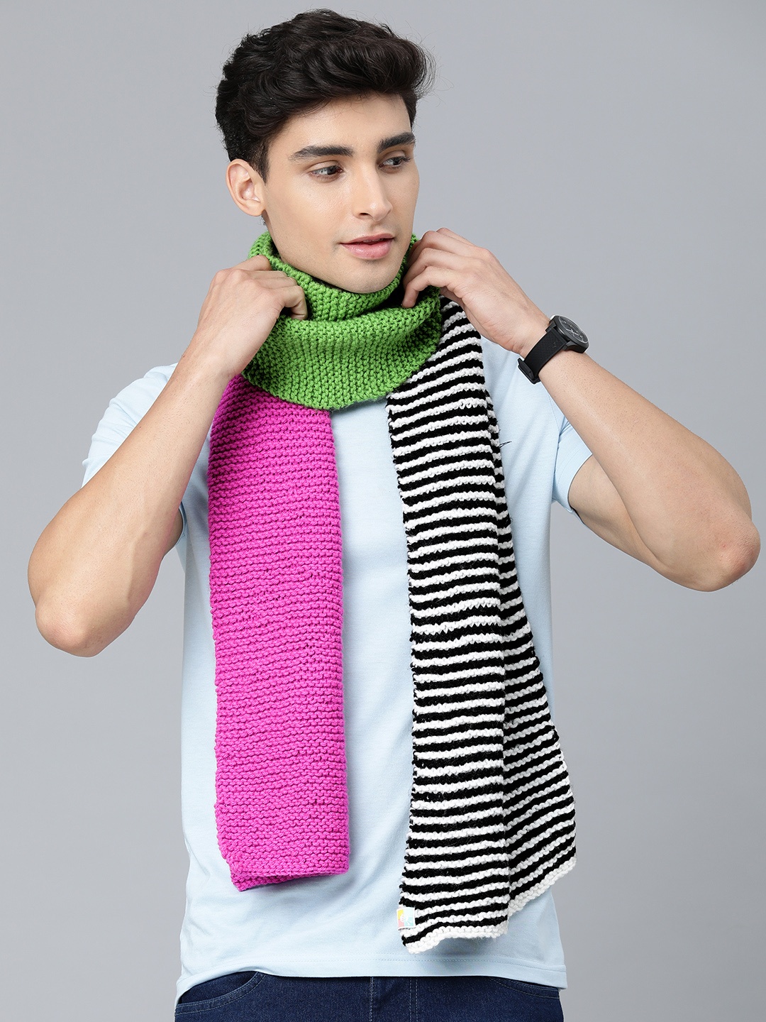 

Magic Needles Men Pink & Green Colourblocked Handmade Mufflers