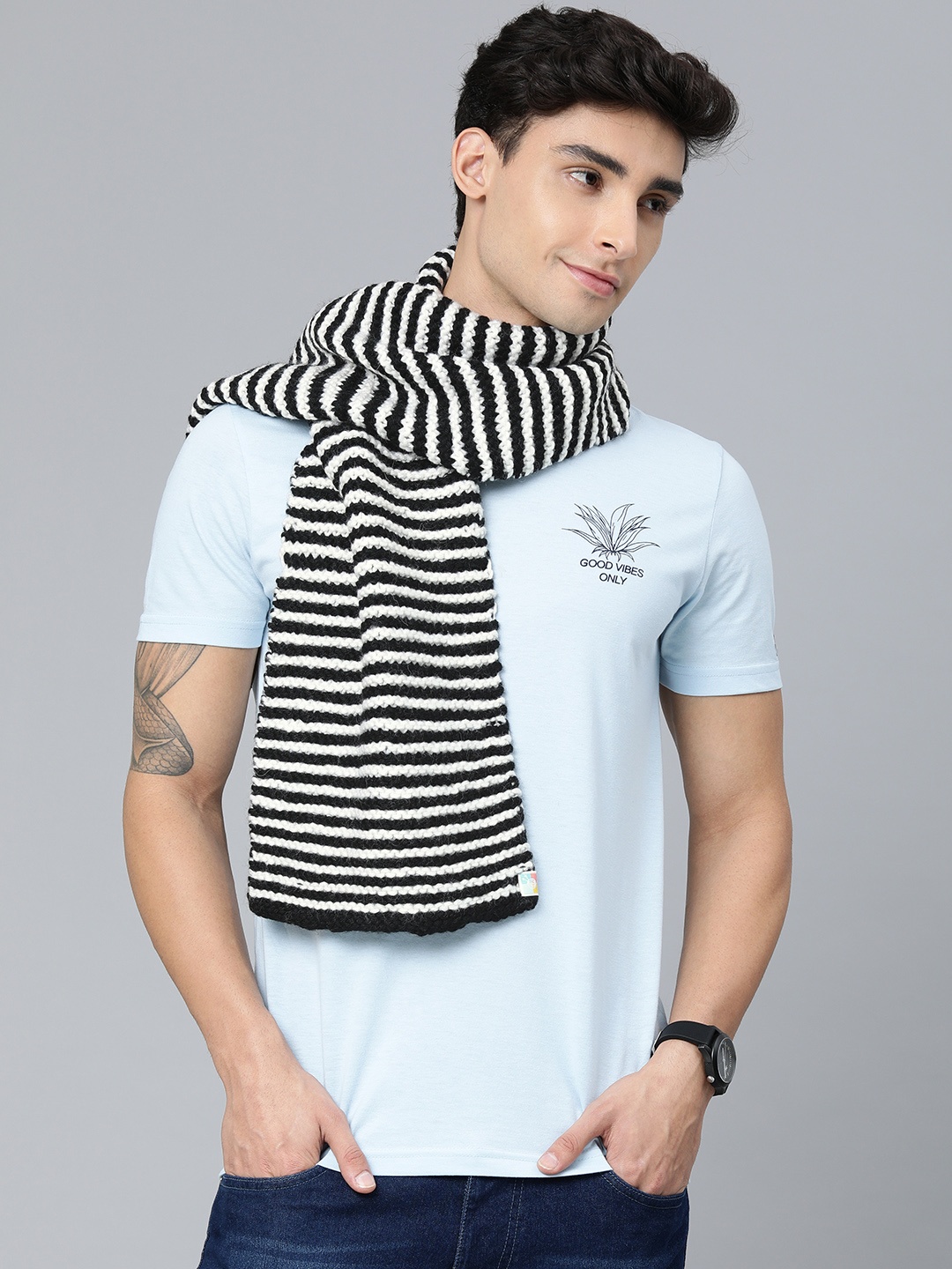 

Magic Needles Men Black & White Striped Handmade Mufflers