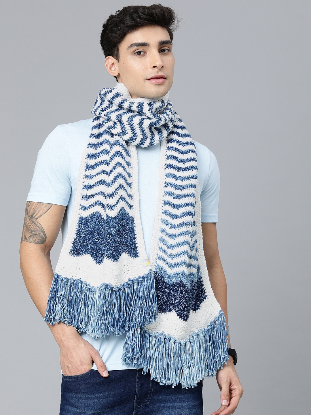 Magic Needles Men Navy Blue & White Chevron Handmade Mufflers