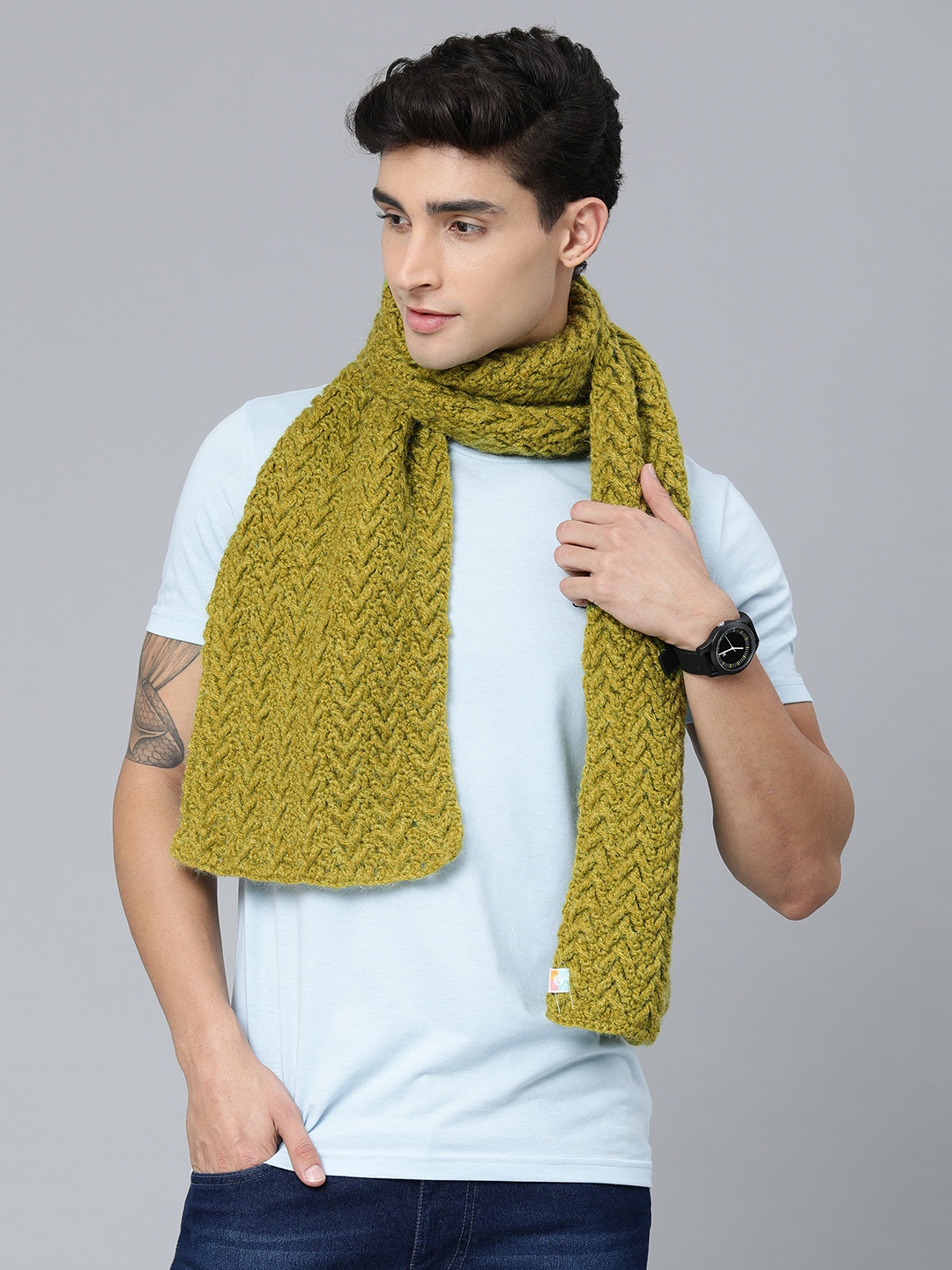 

Magic Needles Men Olive Green Woven Design Handmade Mufflers