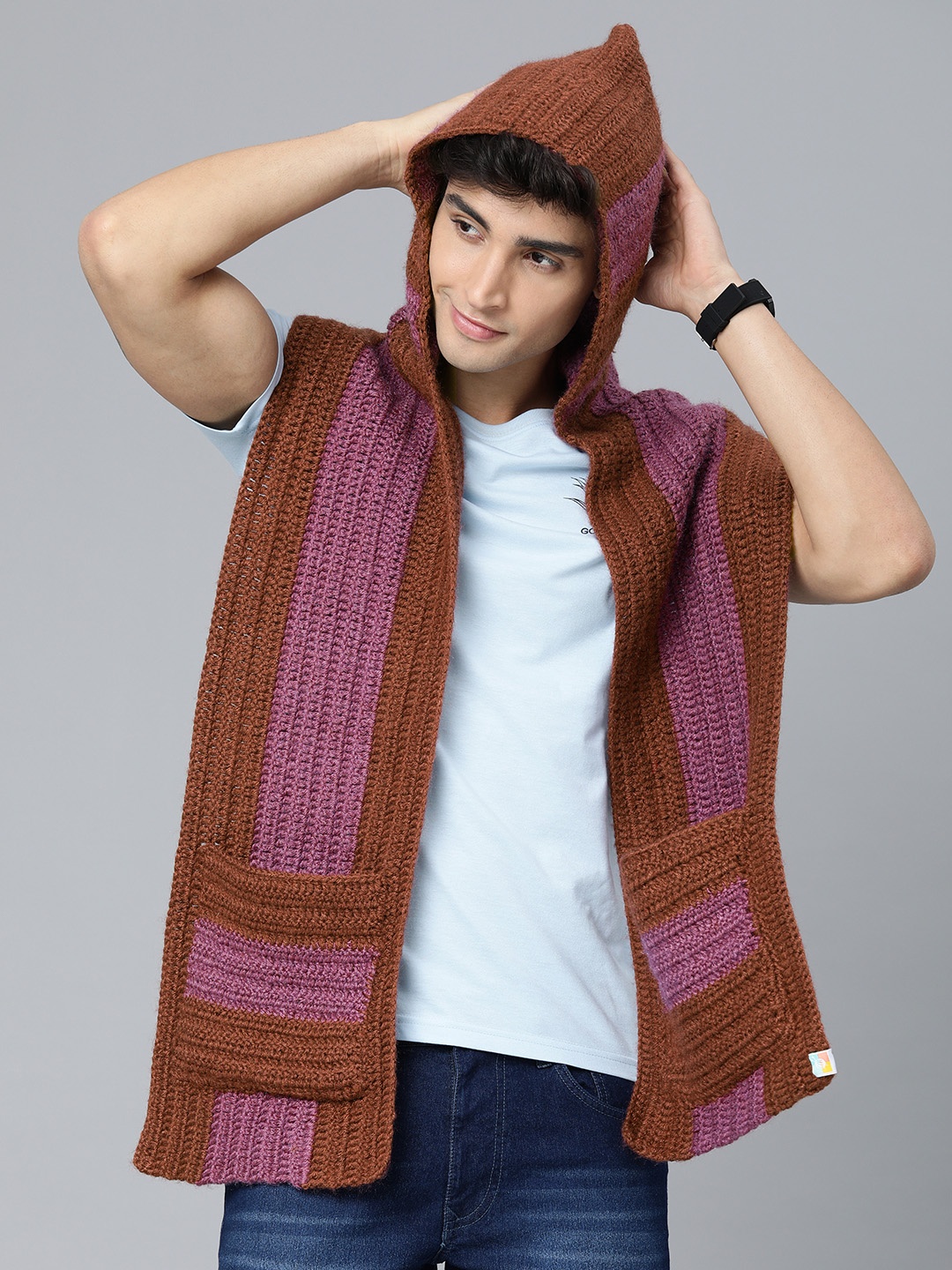 

Magic Needles Men Brown & Pink Colourblocked Hooded and Pocket Handmade Mufflers