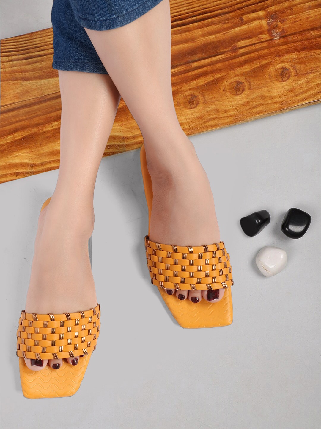 

Alishtezia Women Mustard Open Toe Flats with Laser Cuts