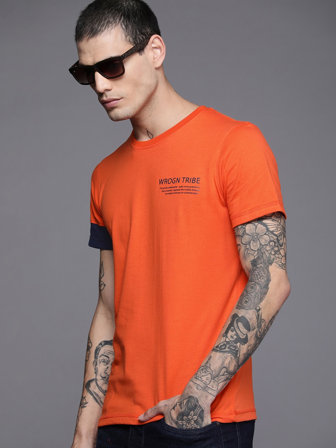 

WROGN Men Orange & Black Brand Logo Printed Slim Fit T-shirt