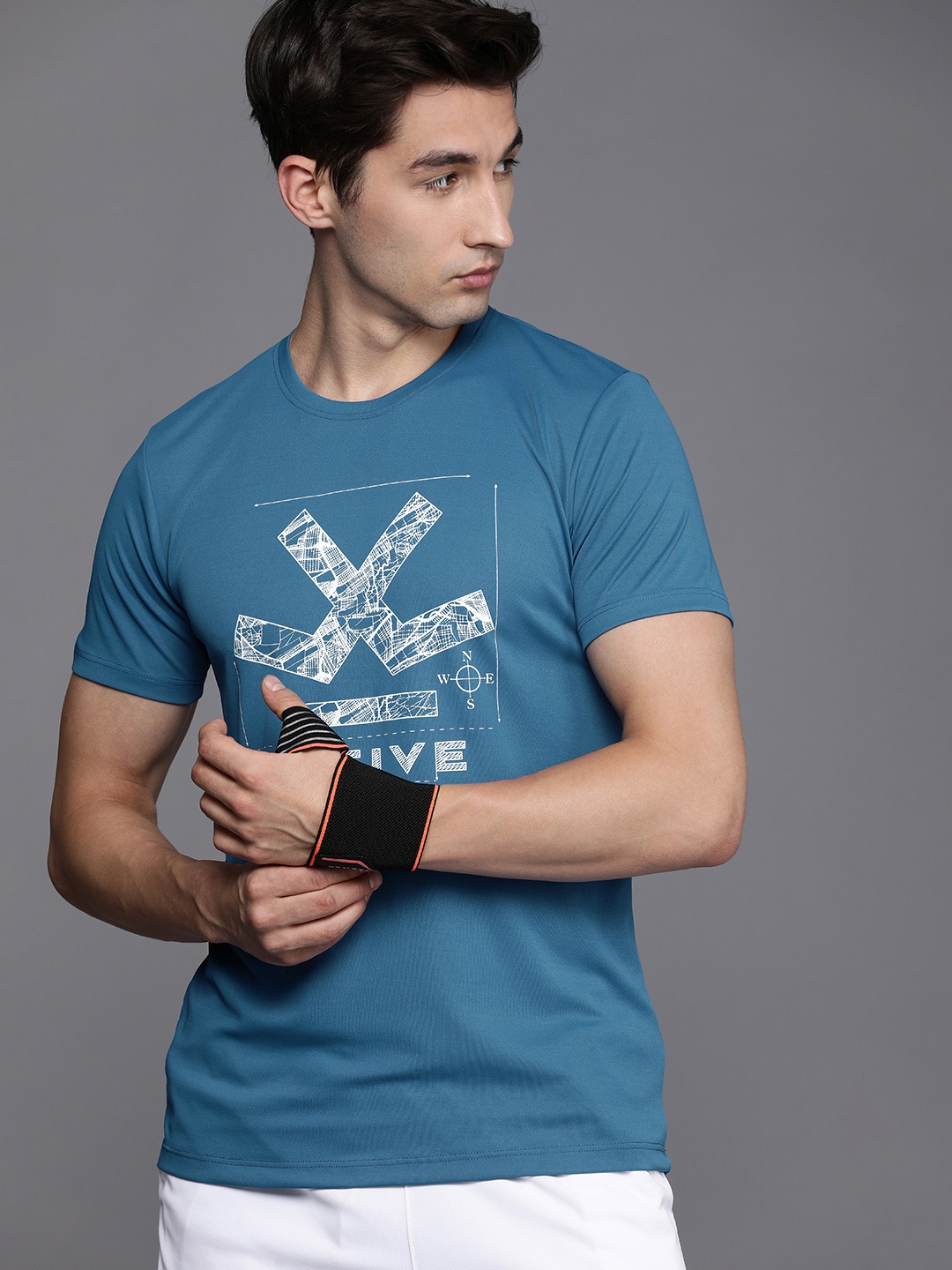 

WROGN ACTIVE Men Teal Blue Brand Logo Printed Slim Fit T-shirt