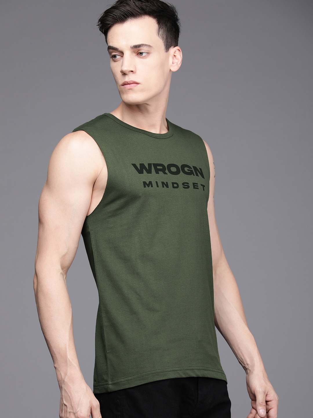 

WROGN Men Green & Black Brand Logo Printed T-shirt