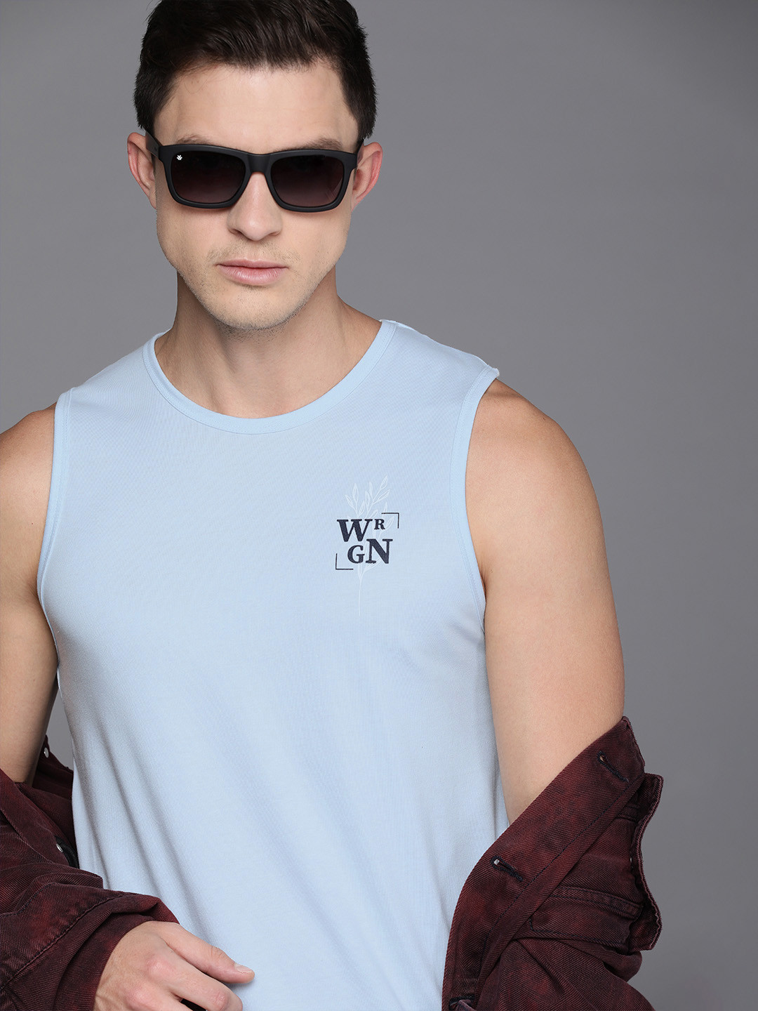 

WROGN Men Blue & Black Brand Logo Printed Slim Fit Sleeveless T-shirt