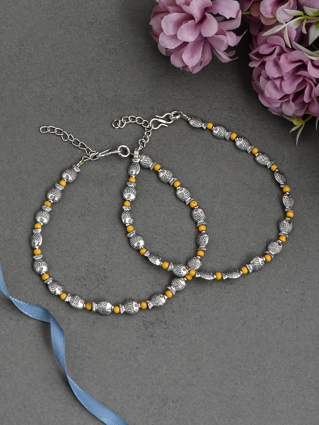 

Silvermerc Designs Set Of 2 Silver-Plated & Yellow Beaded Design Detailed Anklet