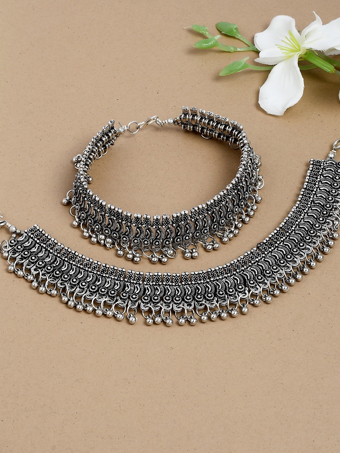 

Silvermerc Designs Women Set of 2 Silver-Plated Oxidized Anklet