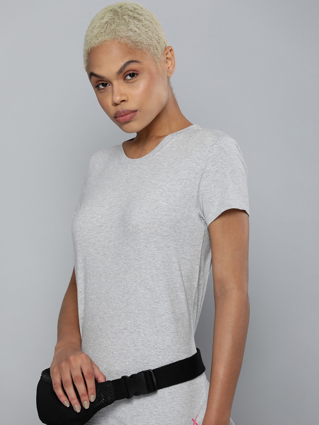 

HRX by Hrithik Roshan Women Grey Melange Brand Logo Print Detail Cotton T-shirt