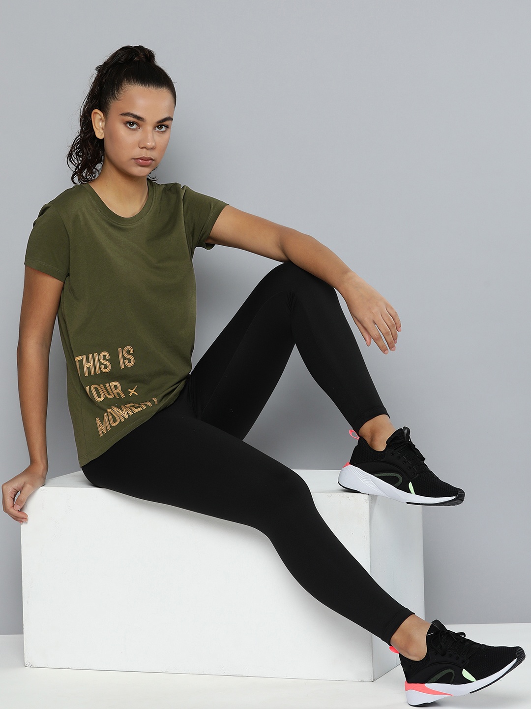 

HRX by Hrithik Roshan Women Olive Green & Gold Brand Logo Printed Cotton T-shirt