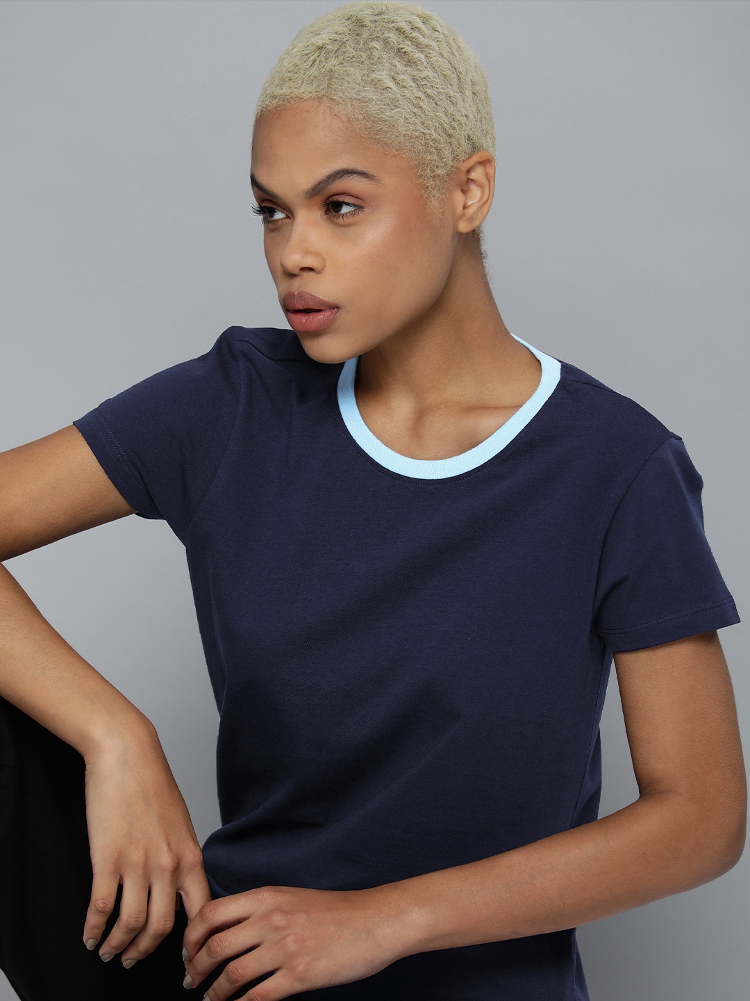 

HRX by Hrithik Roshan Women Navy Blue Solid Cotton T-shirt