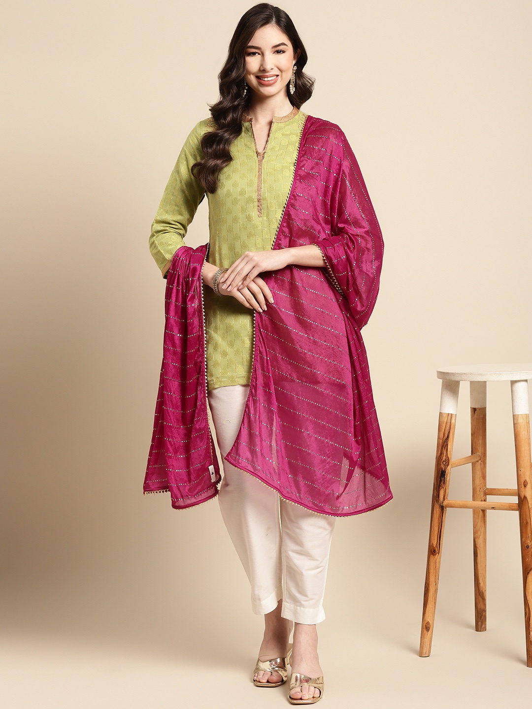 

Saadgi Burgundy & Golden Ethnic Motifs Gotta Patti Dupatta with Mukaish