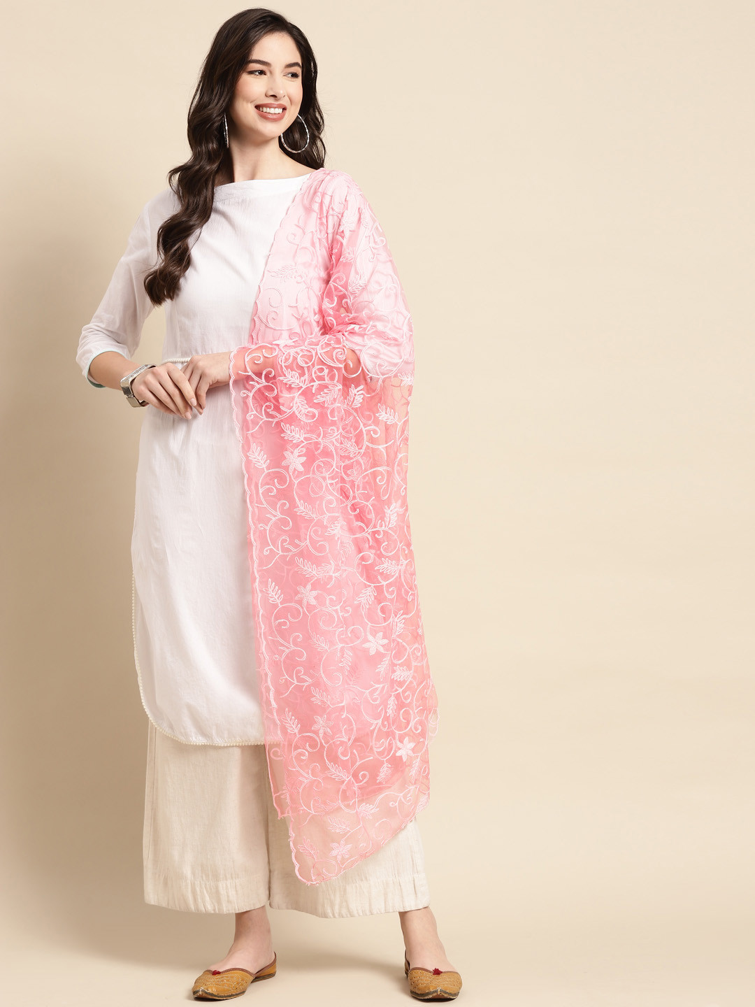 

Saadgi Coral Pink Ethnic Motifs Embroidered Dupatta with Chikankari