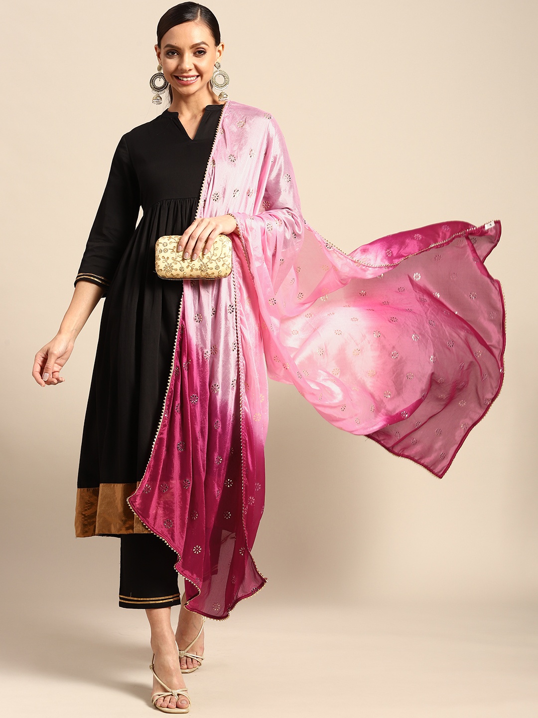 

Saadgi Pink & Golden Mukaish Handwork Dupatta With Gotta Patti