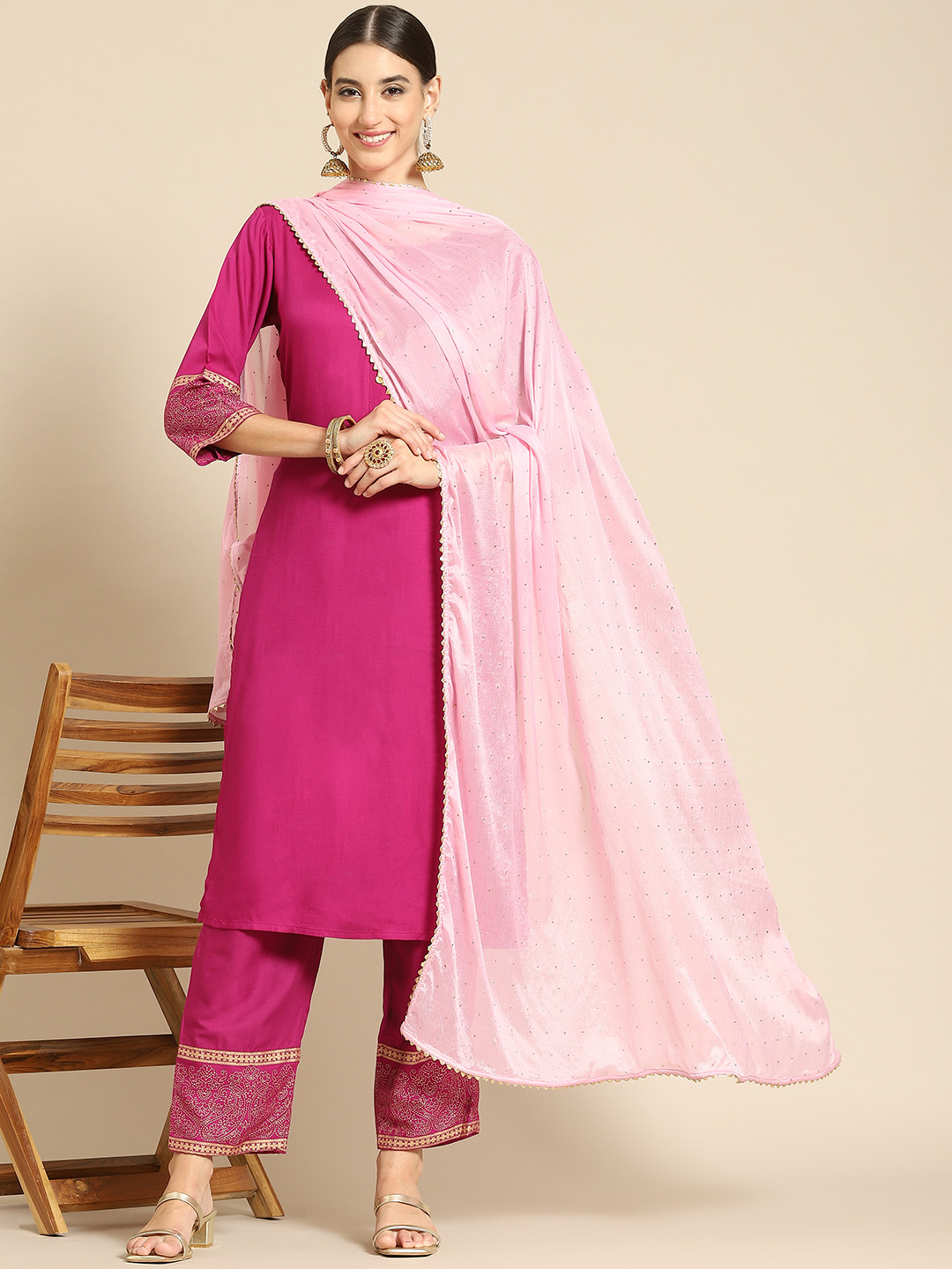 

Saadgi Pink & Golden Mukaish Handwork Dupatta With Gotta Patti