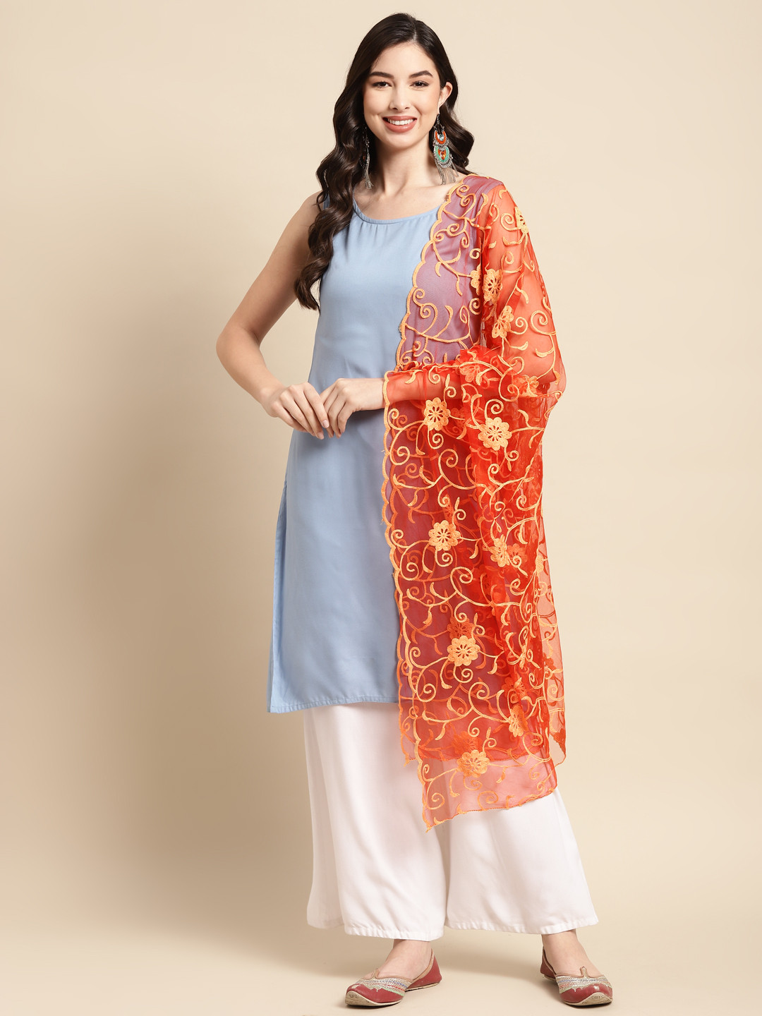 

Saadgi Orange Embroidered Dupatta with Chikankari