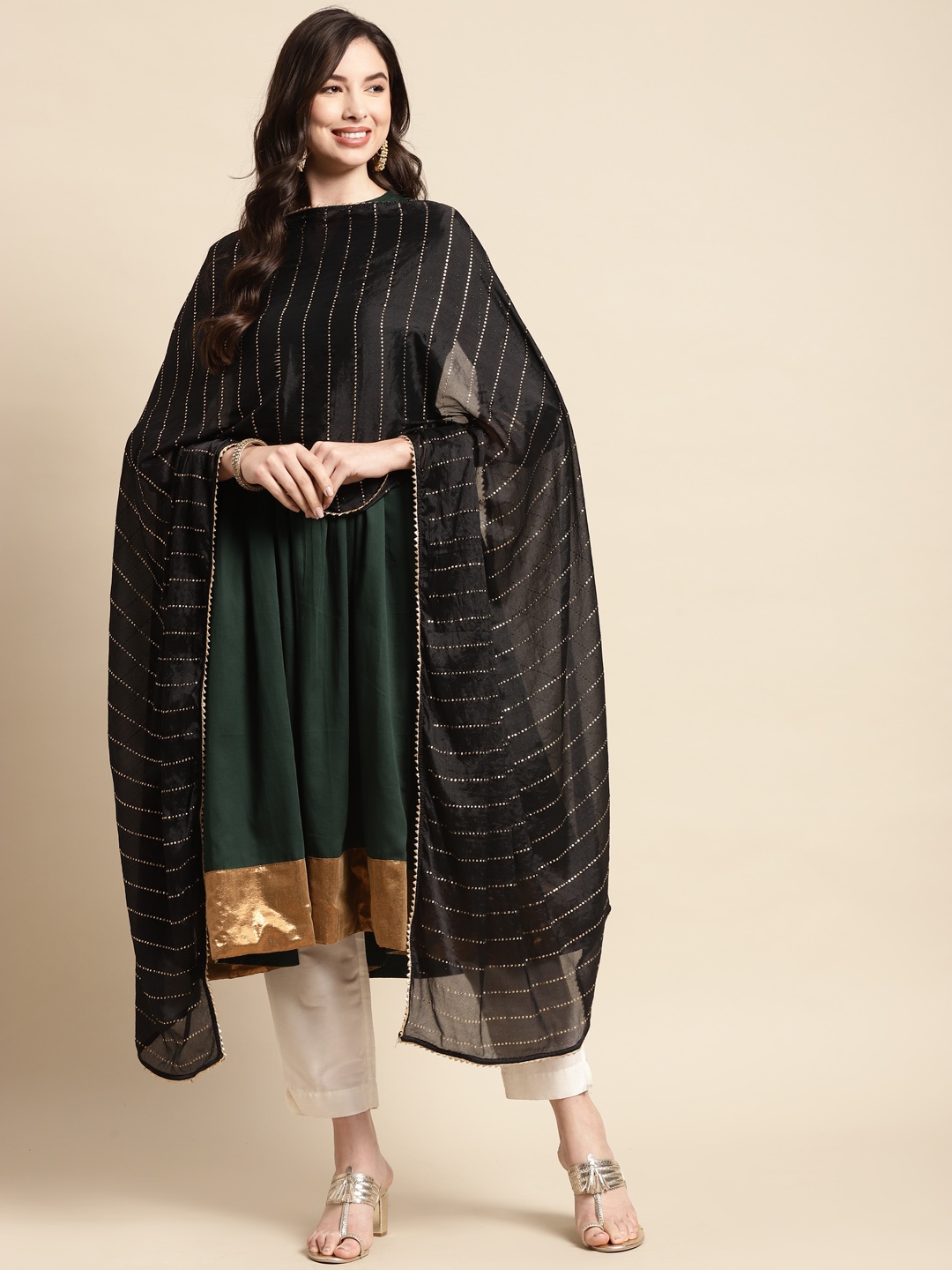 

Saadgi Black & Golden Striped Gotta Patti Dupatta with Mukaish