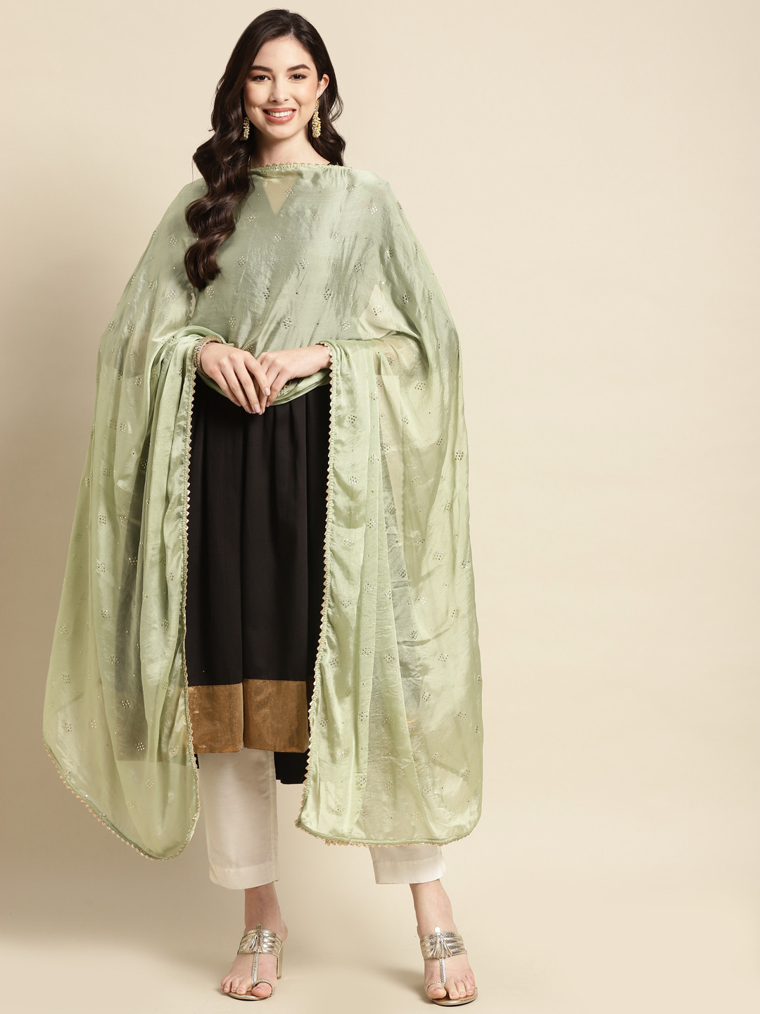 

Saadgi Mint Green & Golden Mukaish Handwork Dupatta With Gotta Patti