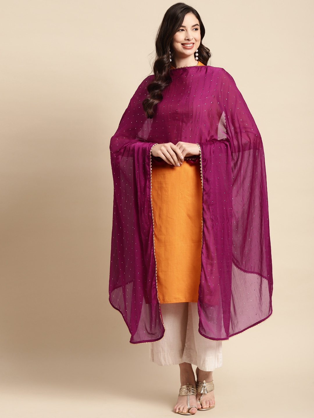 

Saadgi Burgundy & Golden Mukaish Handwork Dupatta With Gotta Patti