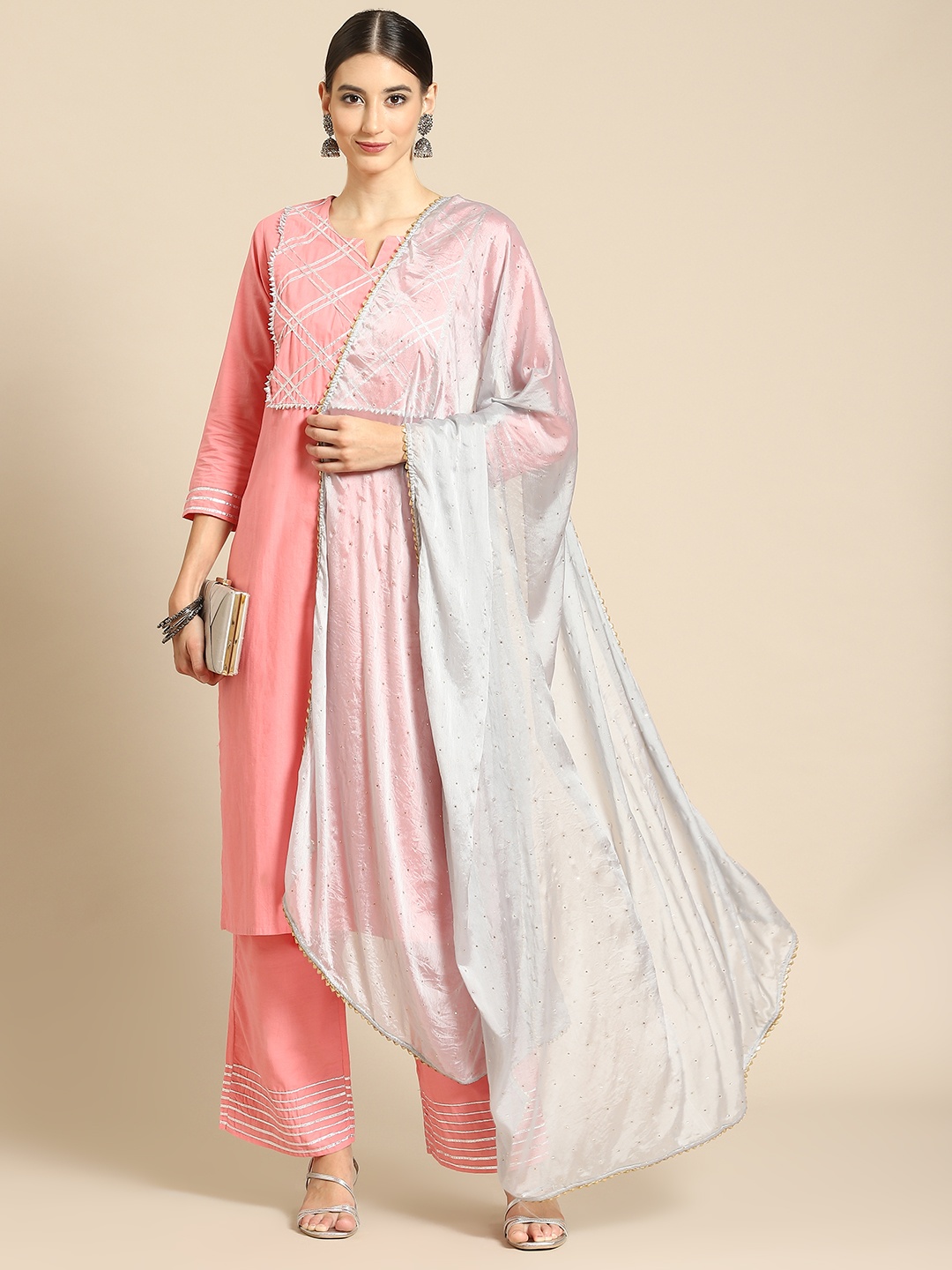 

Saadgi Grey & Gold-Toned Mukaish Hand Work Gotta Patti Dupatta