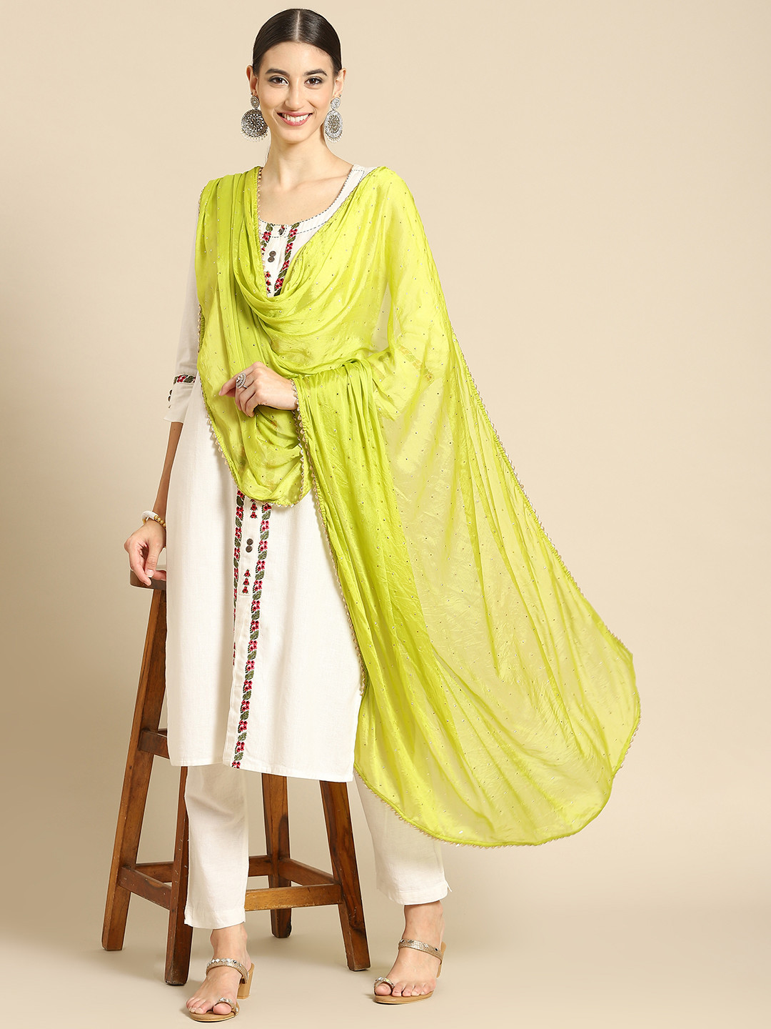 

Saadgi Fluorescent Green & Golden Mukaish Handwork Dupatta With Gotta Patti