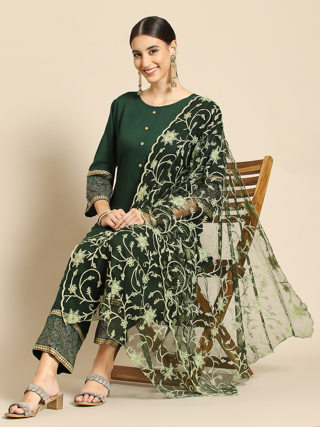 

Saadgi Teal Green Ethnic Motifs Embroidered Dupatta with Chikankari