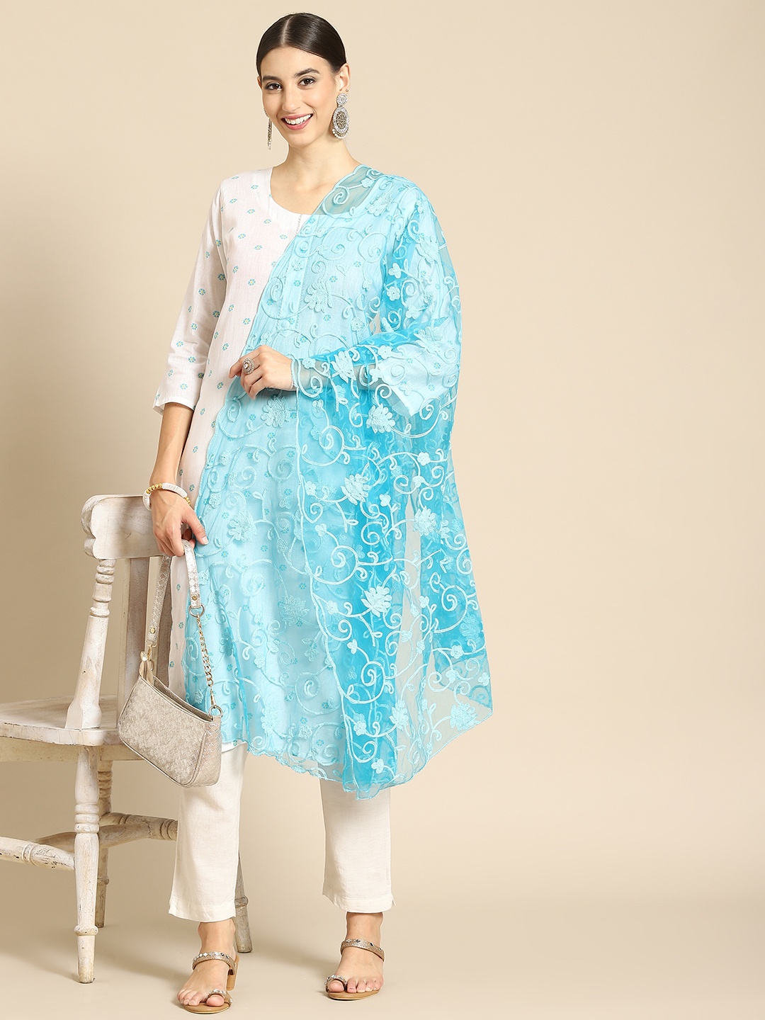 

Saadgi Turquoise Blue Ethnic Motifs Embroidered Dupatta with Chikankari