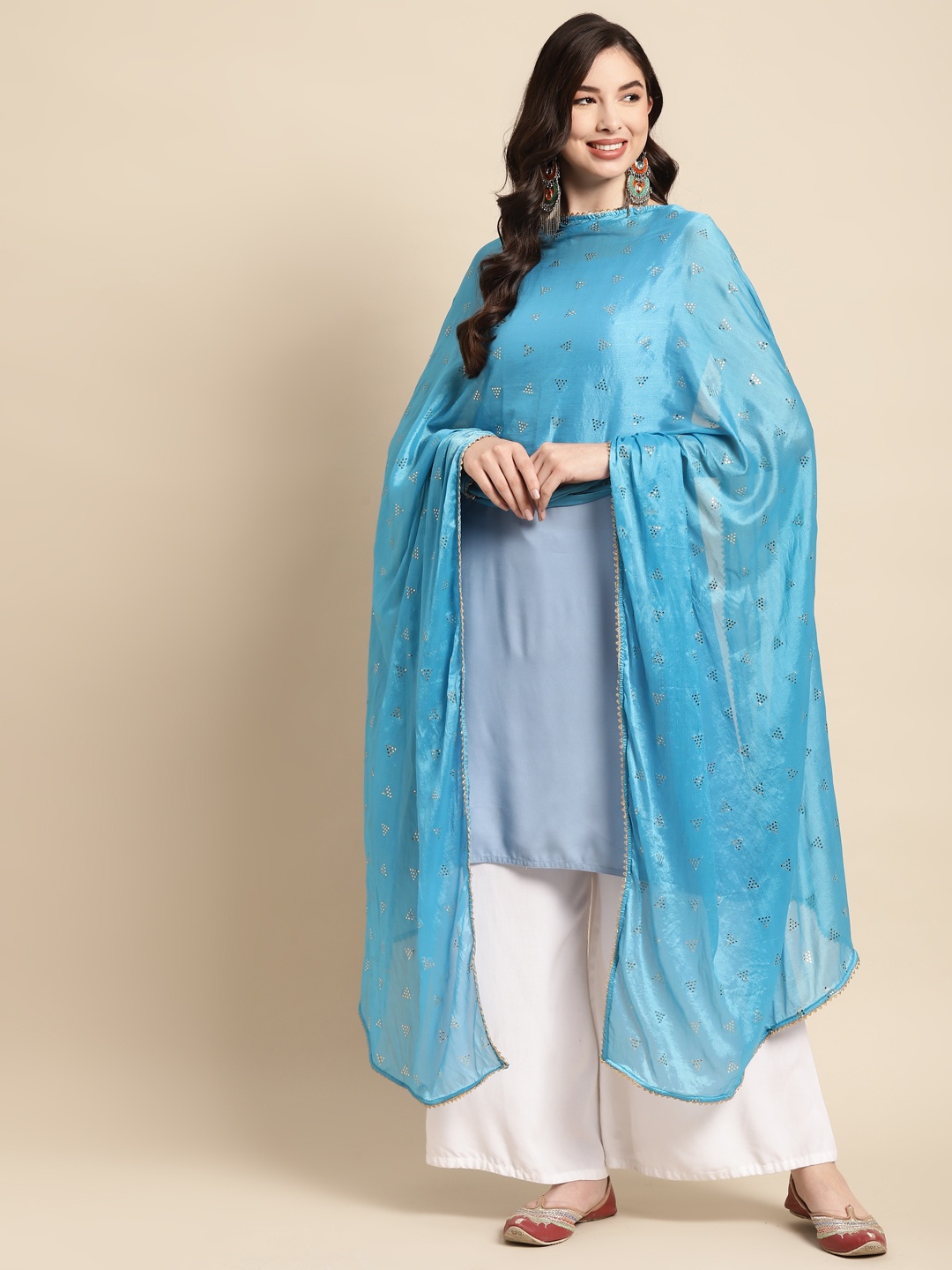 

Saadgi Turquoise Blue & Golden Ethnic Motifs Gotta Patti Dupatta with Mukaish
