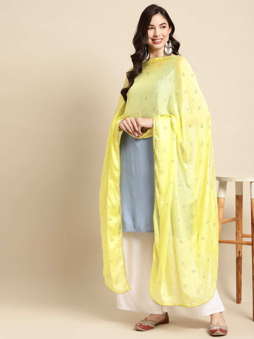 

Saadgi Fluorescent Green & Golden Mukaish Handwork Dupatta With Gotta Patti