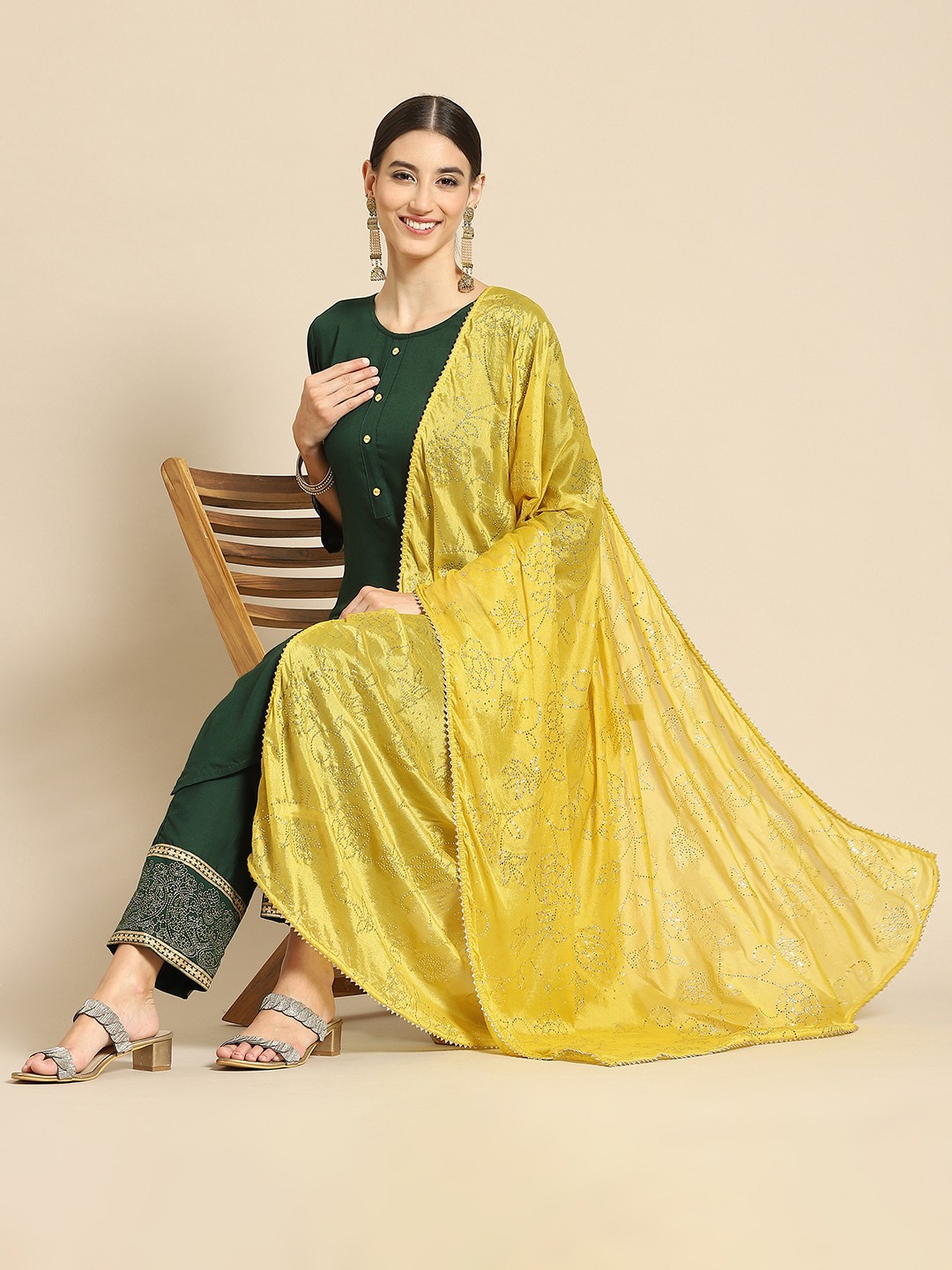 

Saadgi Mustard & Gold-Toned Ethnic Motifs Printed Dupatta with Mukaish