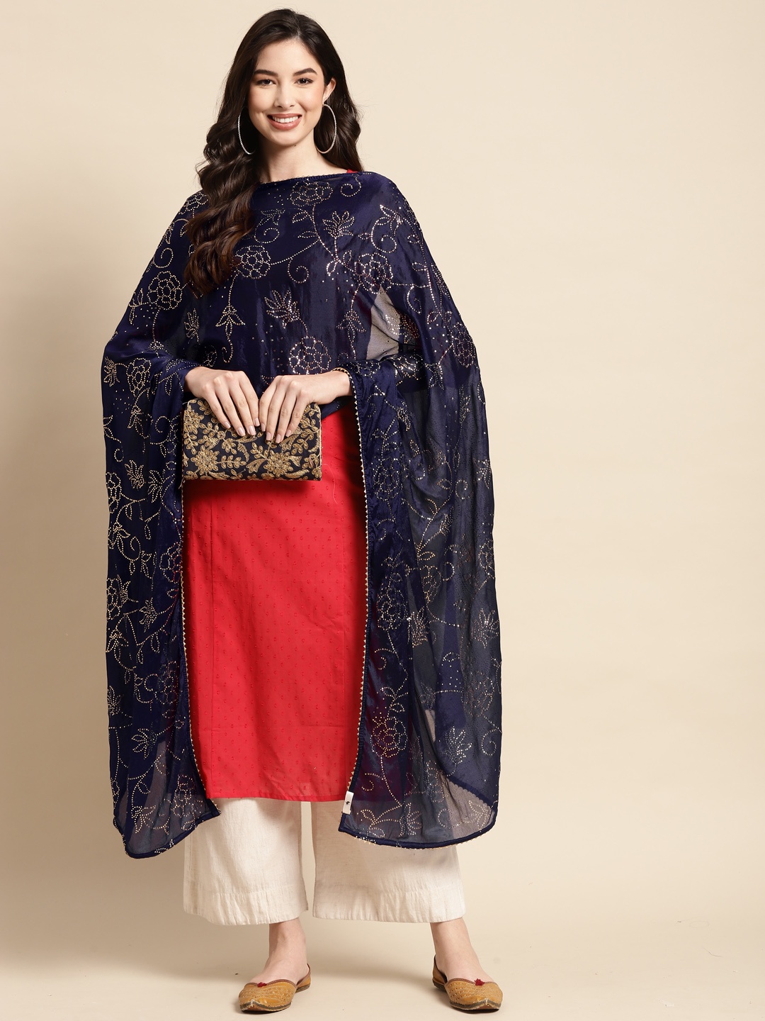 

Saadgi Navy Blue & Golen Floral Gotta Patti Dupatta with Mukaish