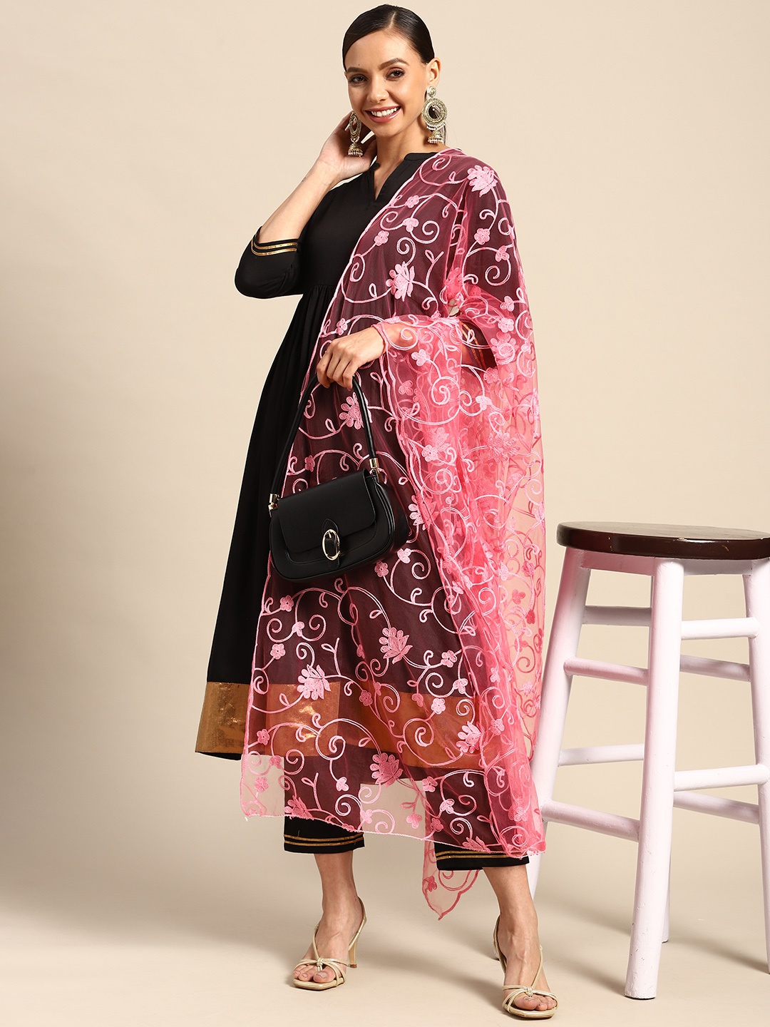 

Saadgi Coral Pink Ethnic Motifs Embroidered Dupatta with Chikankari
