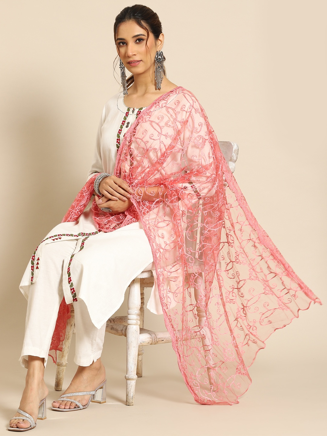 

Saadgi Rose Ethnic Motifs Embroidered Dupatta with Chikankari