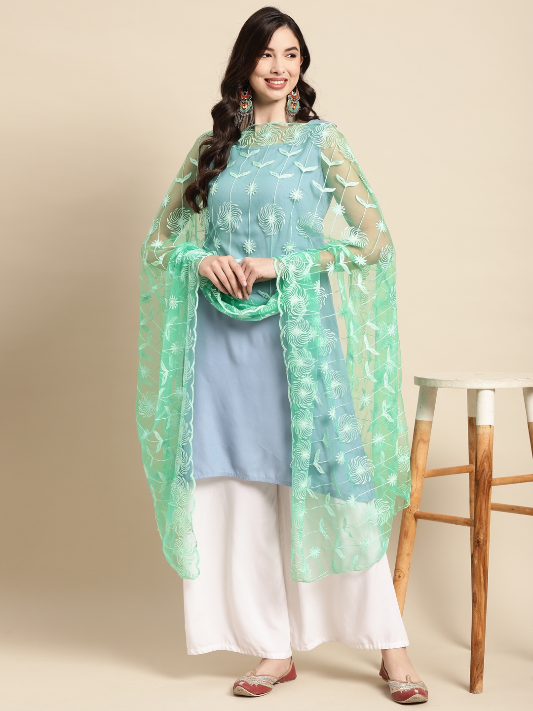 

Saadgi Sea Green Ethnic Motifs Embroidered Dupatta with Chikankari